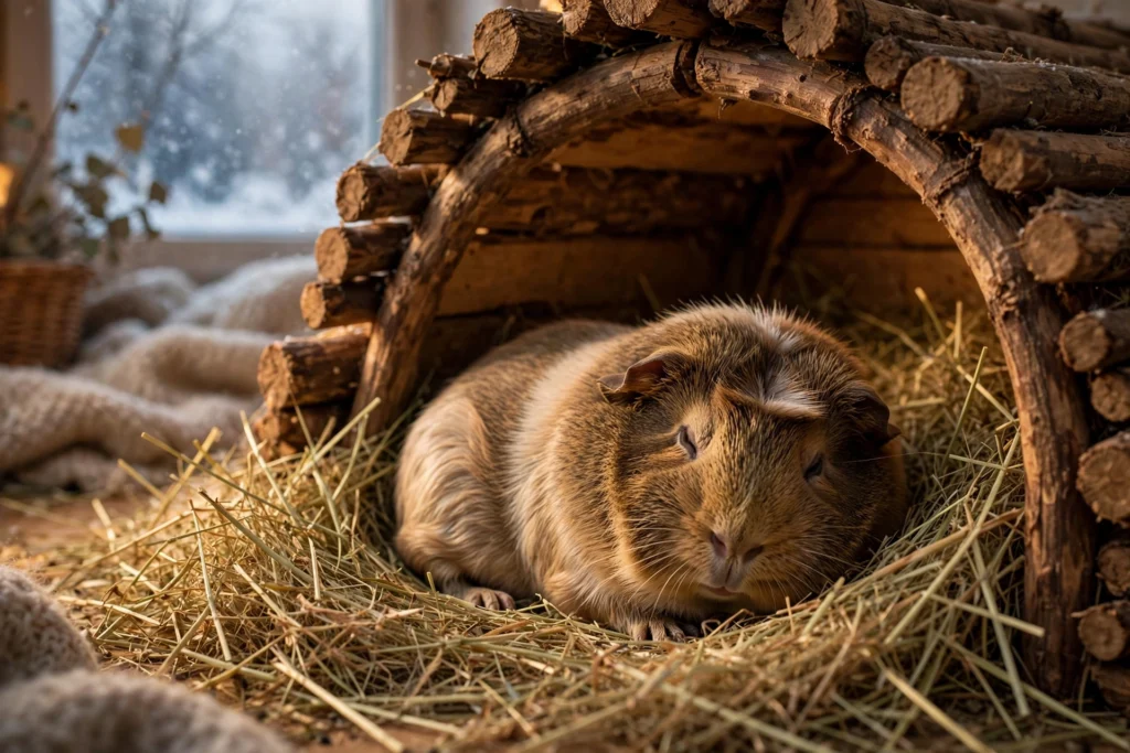 Do guinea pigs hibernate? A sleepy guinea pig resting in a cozy hideout hut with hay (not hibernating, just resting)
