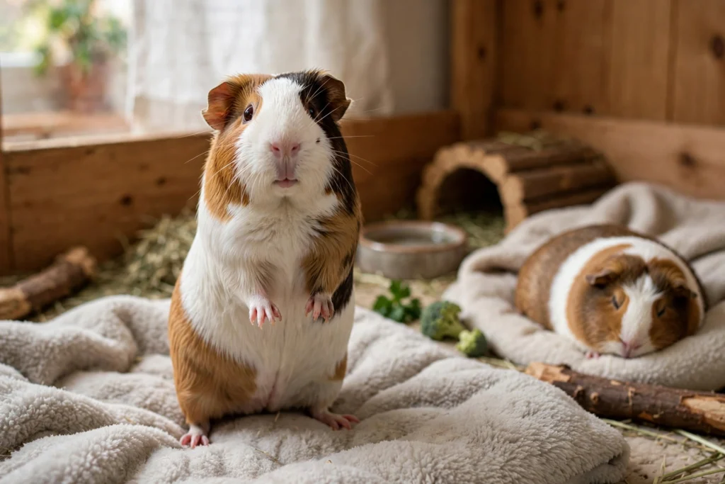 Alert awake guinea pig in a warm indoor enclosure