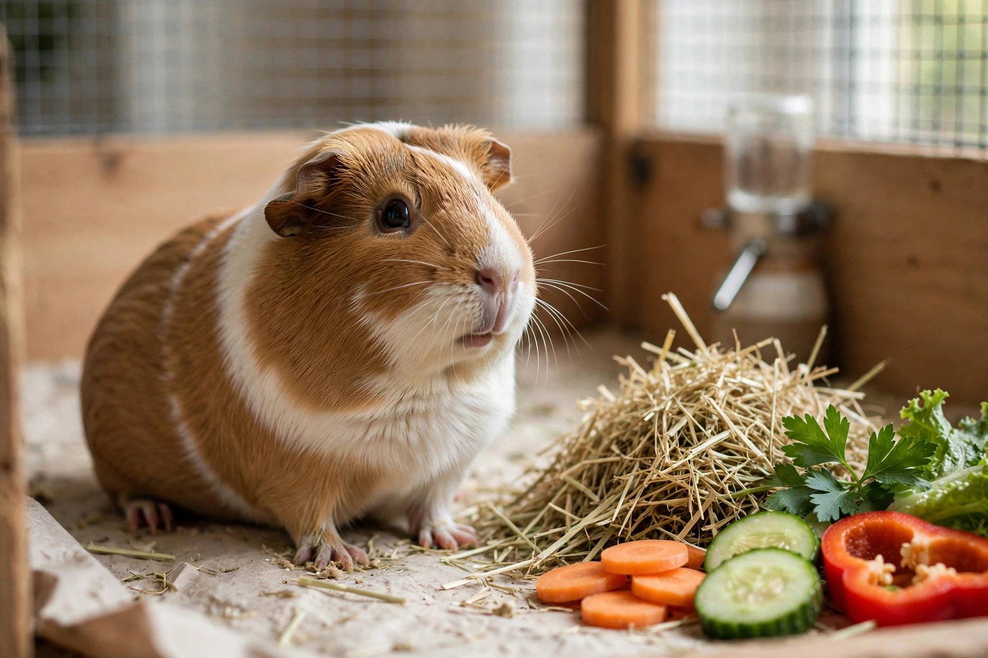 A healthy brown and white guinea pig in a wooden hutch with fresh hay and colourful vegetables