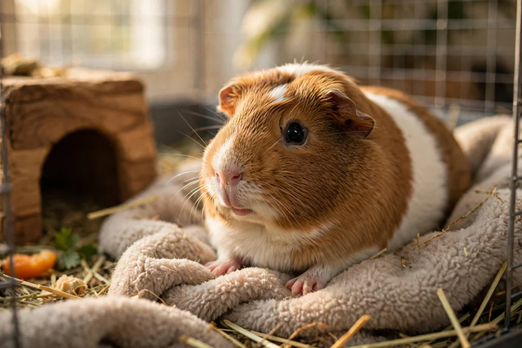Senior guinea pig resting on soft fleece bedding, showing healthy aging in guinea pigs.