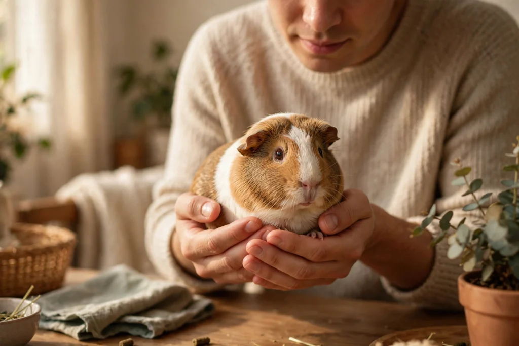 Owner gently holding an older guinea pig, illustrating proper care for senior guinea pigs.