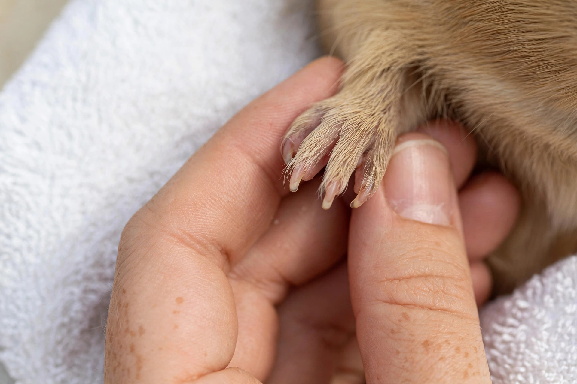Close-up of a guinea pig's front paw held gently in a hand, showing the nails needing a trim