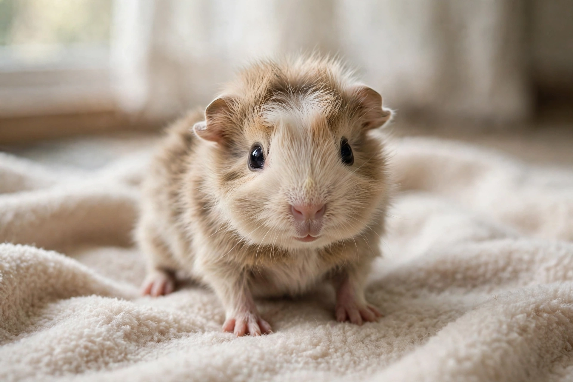 A tiny cream-coloured newborn guinea pig pup standing on a soft cream fleece blanket
