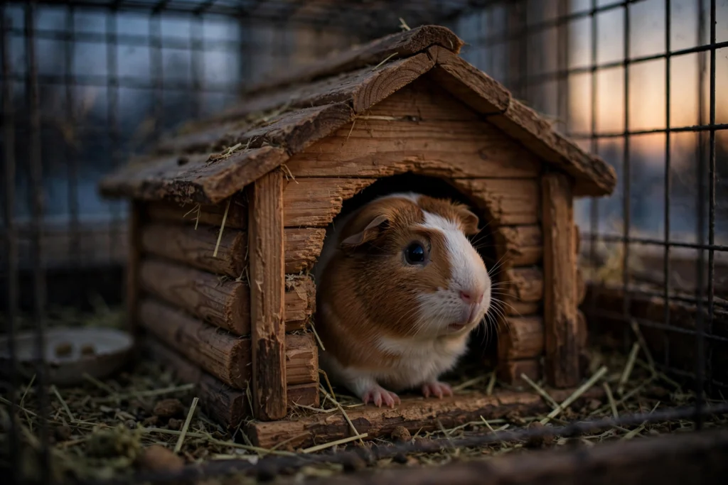 Guinea pig awake and alert in its cage at night.
