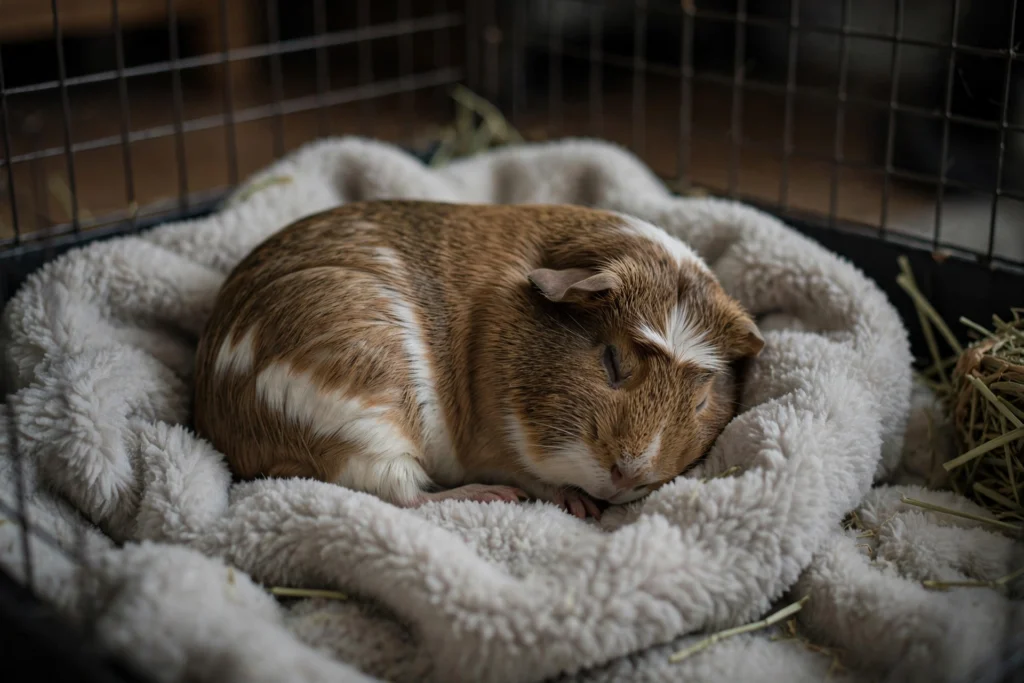 Guinea pig sleeping peacefully in a cozy hideout during the day.