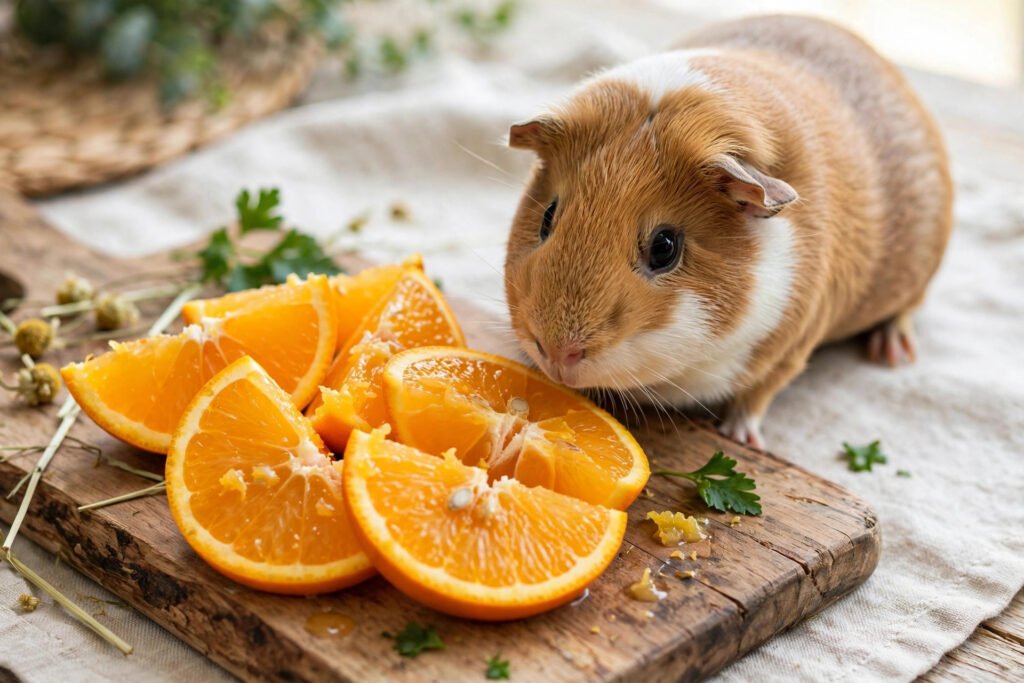 Guinea pig sniffing fresh orange slices on a wooden board.