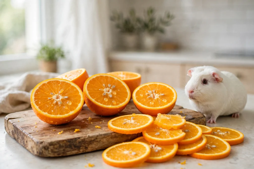 Can guinea pigs eat oranges? Halved fresh oranges and slices on a board next to a guinea pig