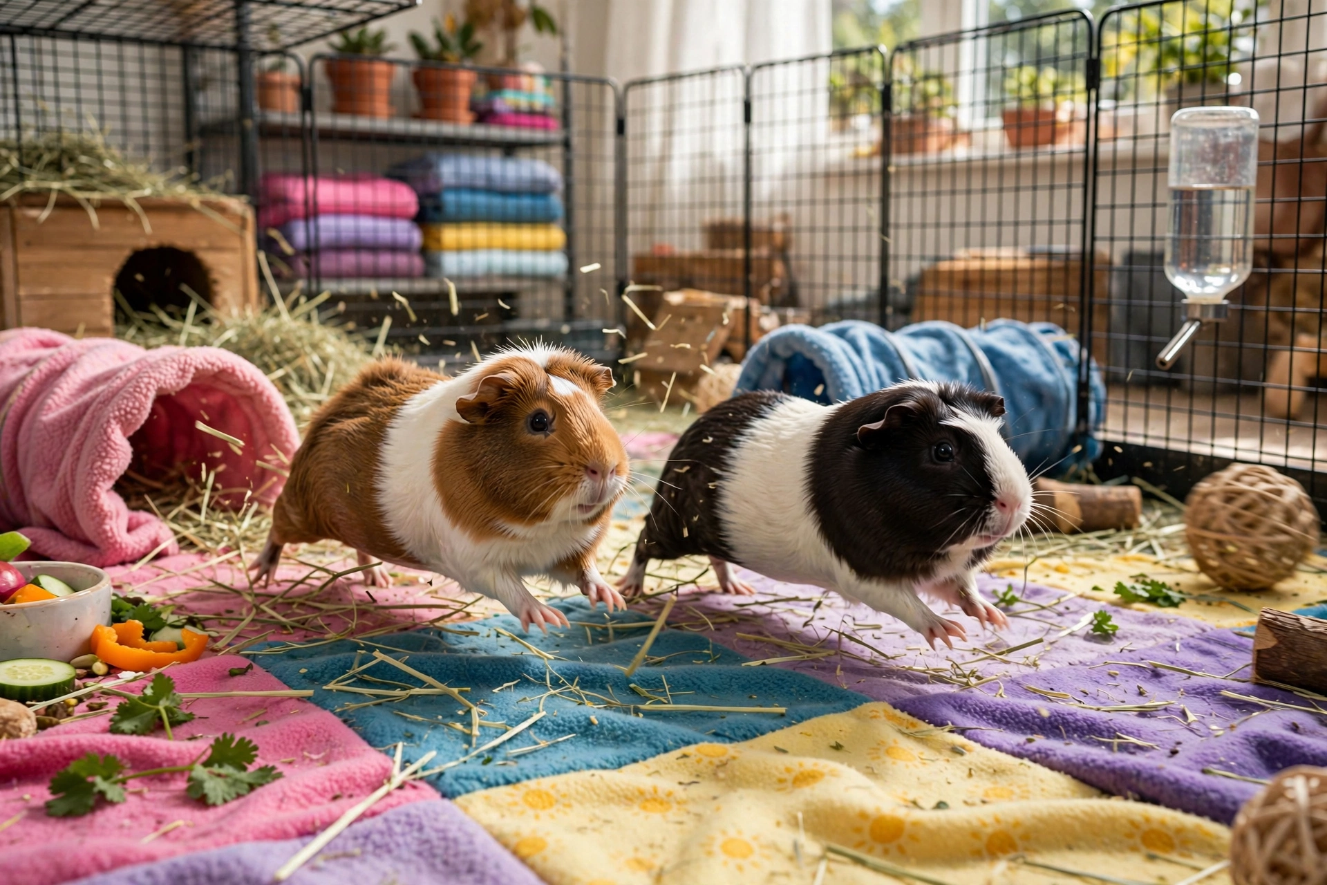 Two guinea pigs running in a large indoor playpen with fleece bedding, tunnels, hay and vegetables
