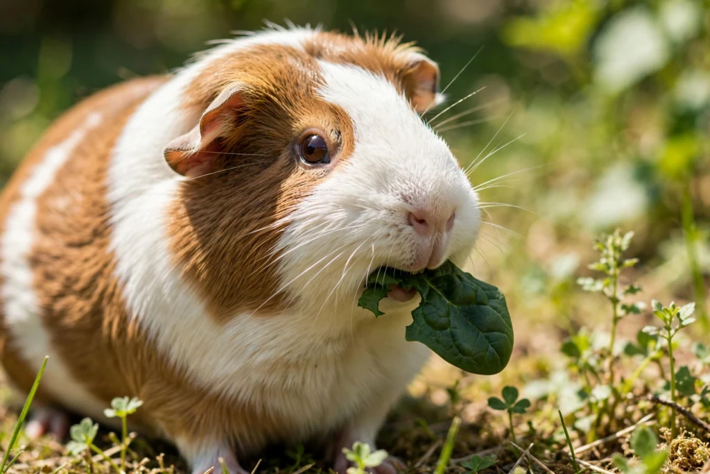 Can guinea pigs eat spinach? Guinea pig eating a fresh green spinach leaf