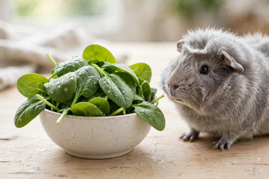 Small bowl of fresh spinach leaves next to a guinea pig