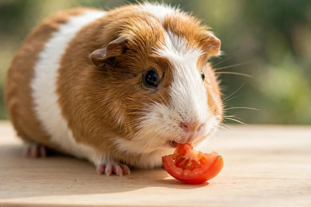 Guinea pig nibbling a small piece of fresh tomato.
