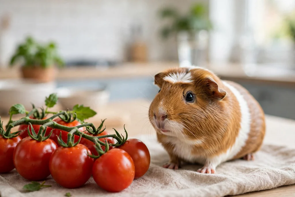 Fresh tomato pieces served beside a guinea pig as an occasional treat.