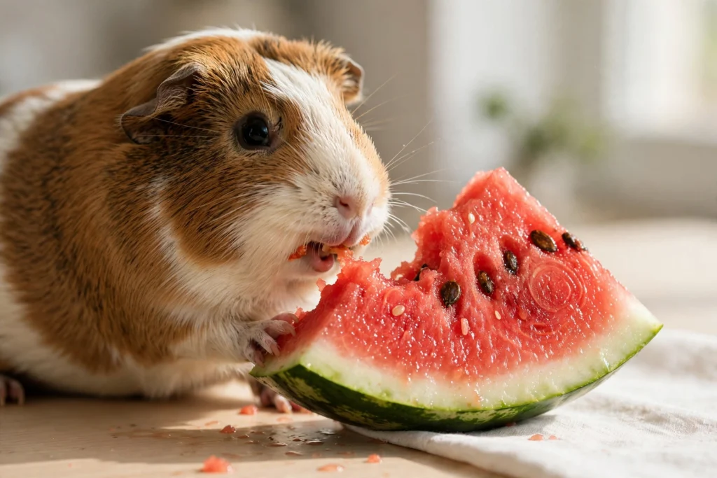Guinea pig nibbling a small piece of fresh watermelon.