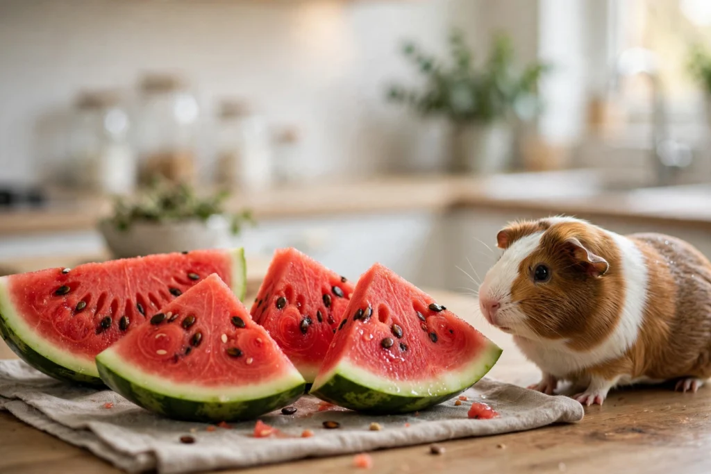 Fresh watermelon slice served next to a guinea pig as a hydrating treat.