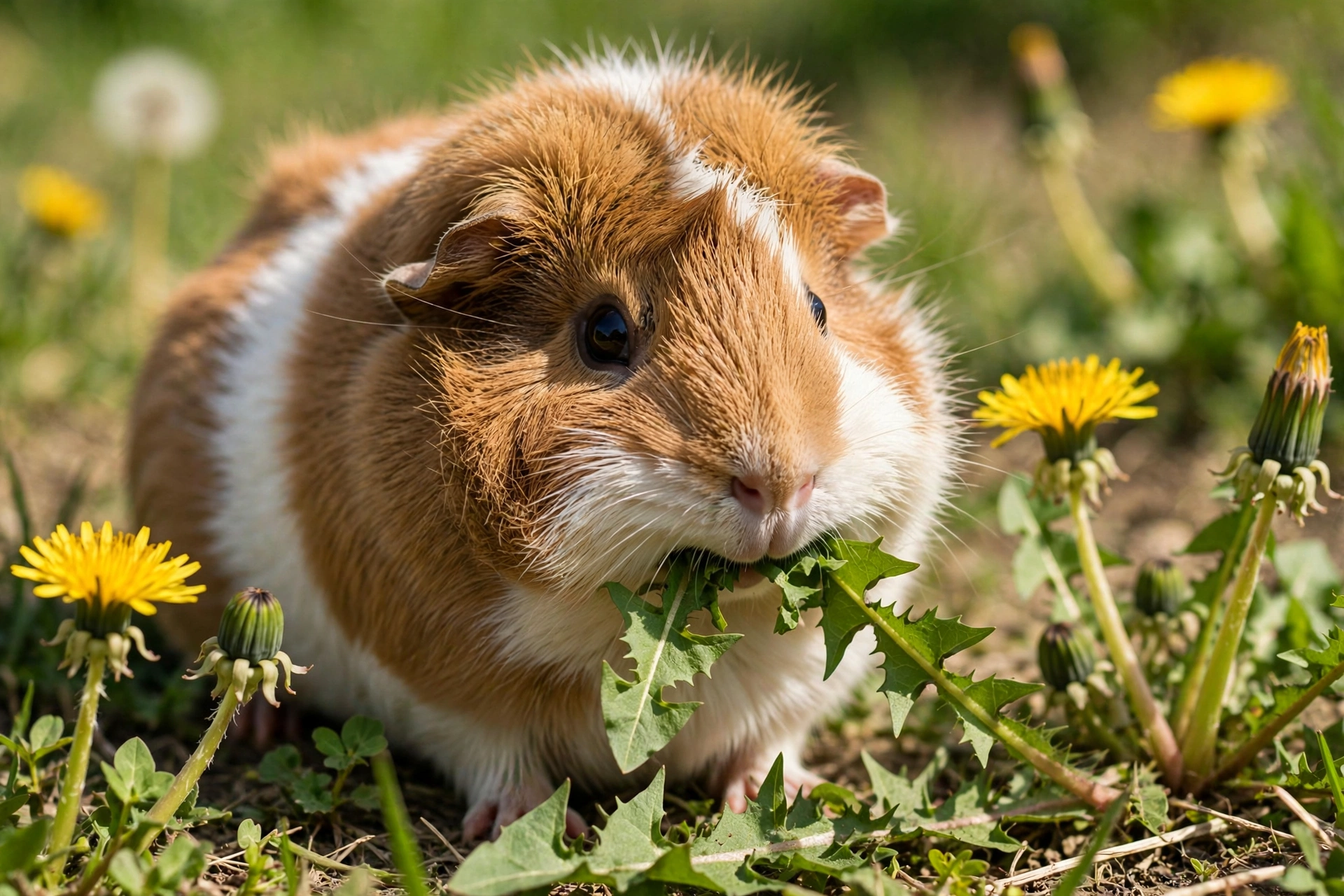 Guinea pig eating fresh dandelion leaves — can guinea pigs eat dandelions safely yes