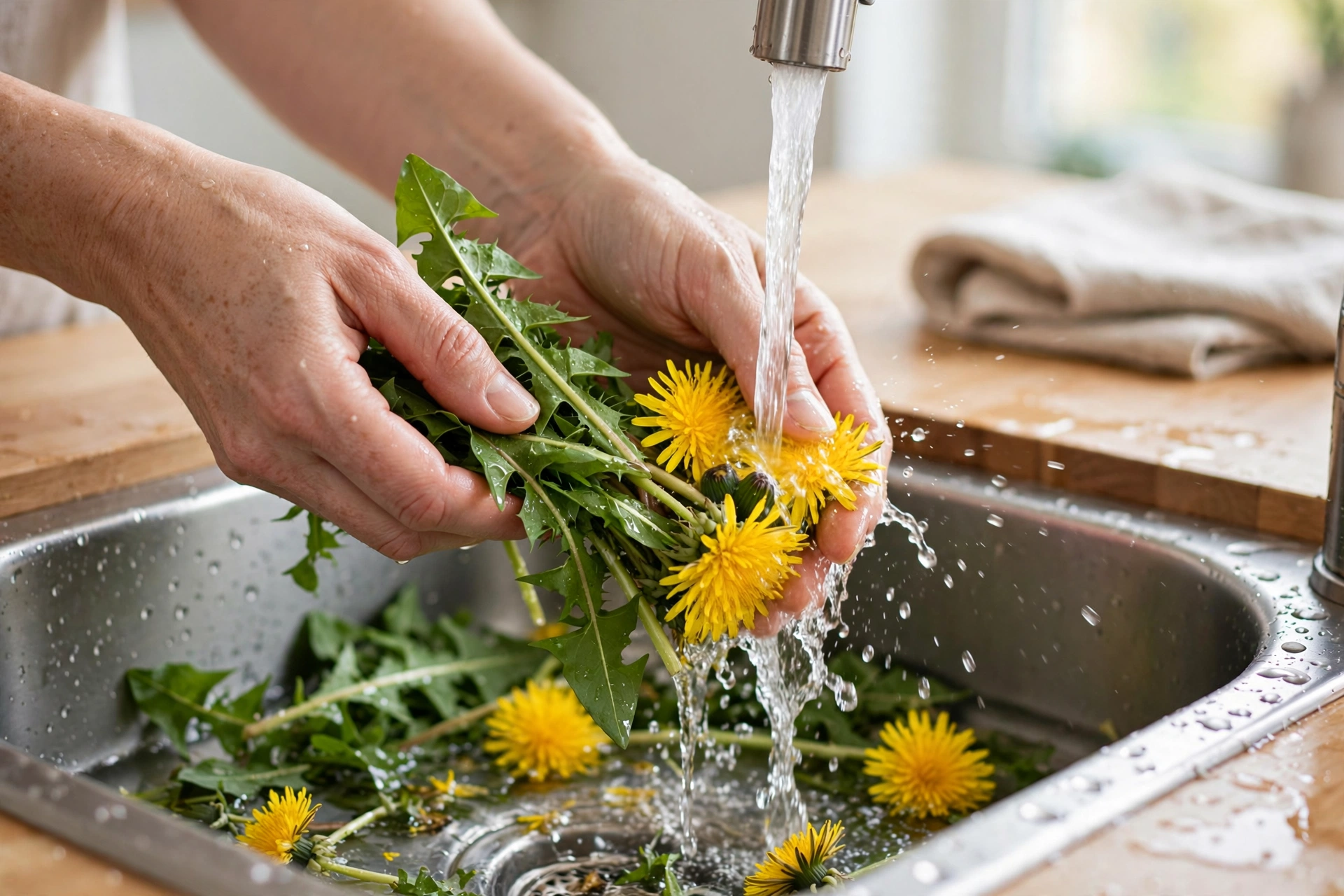 Hands washing fresh dandelion greens before feeding — can guinea pigs eat dandelions preparation guide