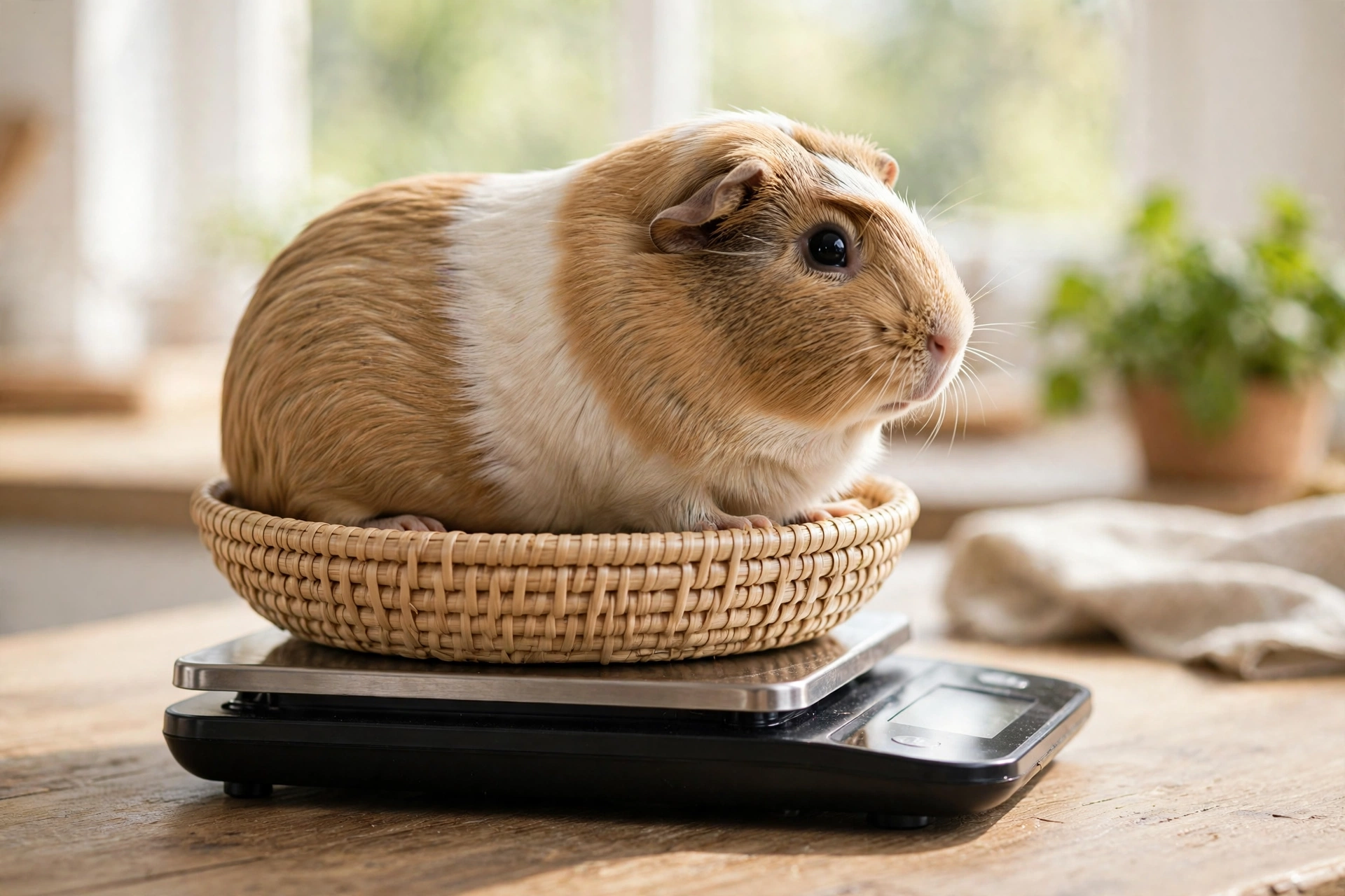 Guinea pig being weighed on a kitchen scale to check healthy guinea pig weight