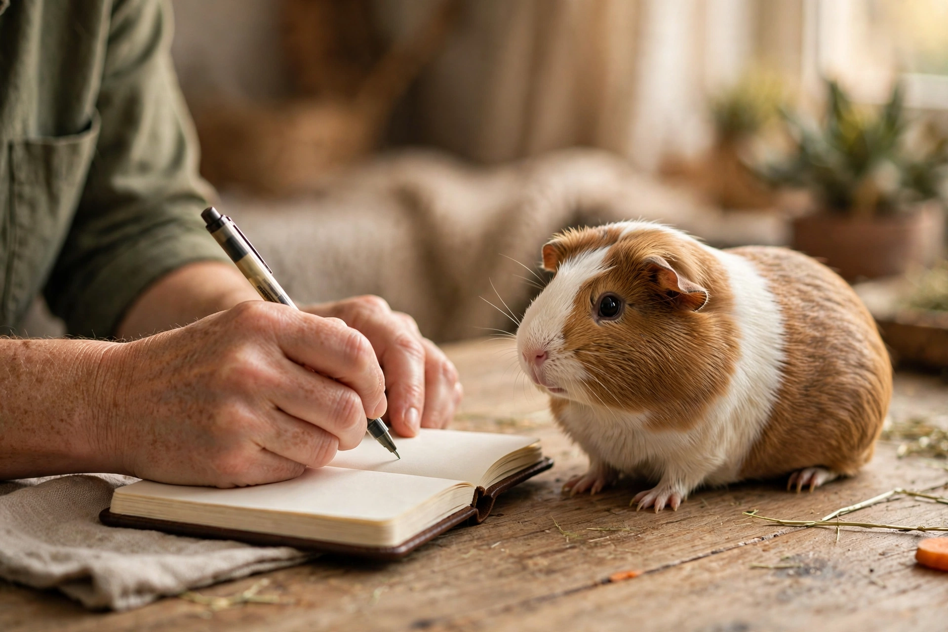 Owner recording guinea pig weight in a logbook to track healthy guinea pig weight over time