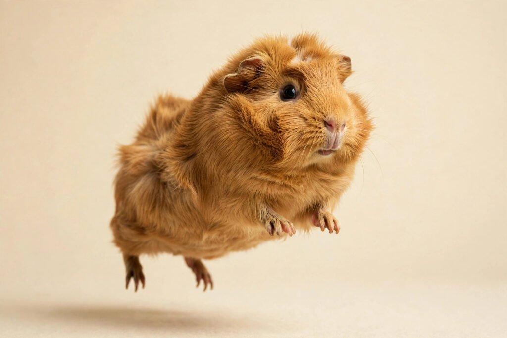 Fun facts about guinea pigs: a fluffy golden-brown guinea pig mid-jump in the air, popcorning with joy
