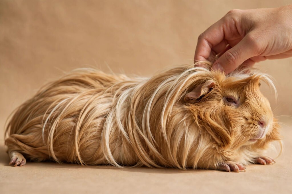 Happy guinea pig signs: a relaxed long-haired Peruvian guinea pig lying stretched out with half-closed eyes