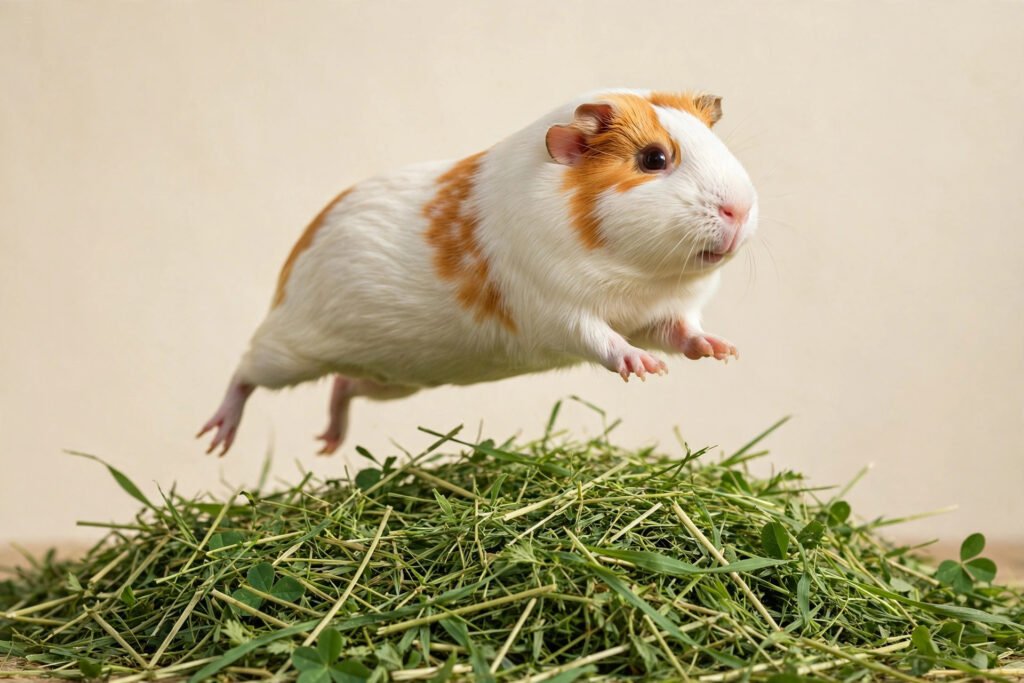 A cheerful white and orange guinea pig with bright alert eyes leaping over a pile of fresh green hay.