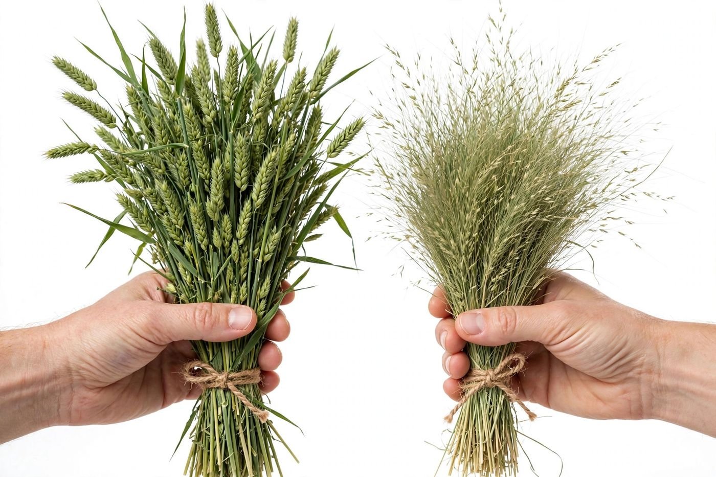 Hands comparing timothy hay and orchard grass hay — best hay for guinea pigs types ranked
