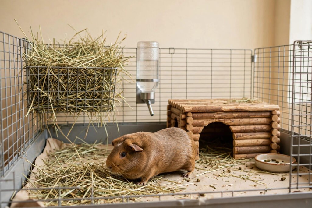 How to care for a guinea pig: a spacious clean guinea pig cage with a hay rack, water bottle, wooden hideout hut