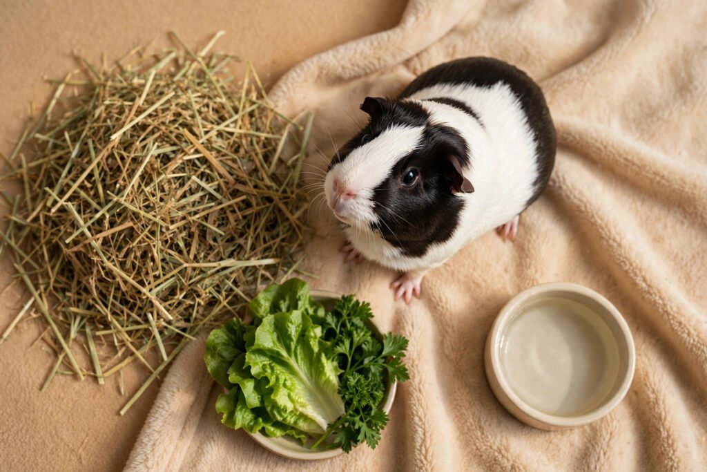 Overhead view of a black and white guinea pig beside a pile of fresh hay, leafy greens in a dish and a water bowl on soft fleece bedding.
