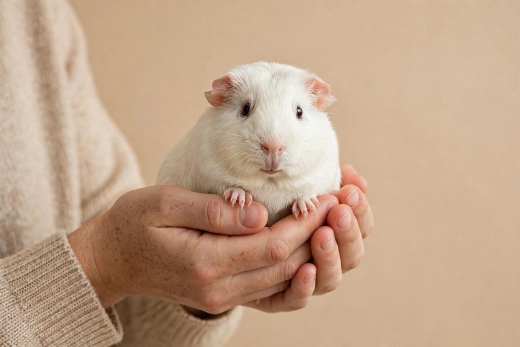 How to tell if your guinea pig is sick: an owner gently cradling a small white guinea pig in both hands