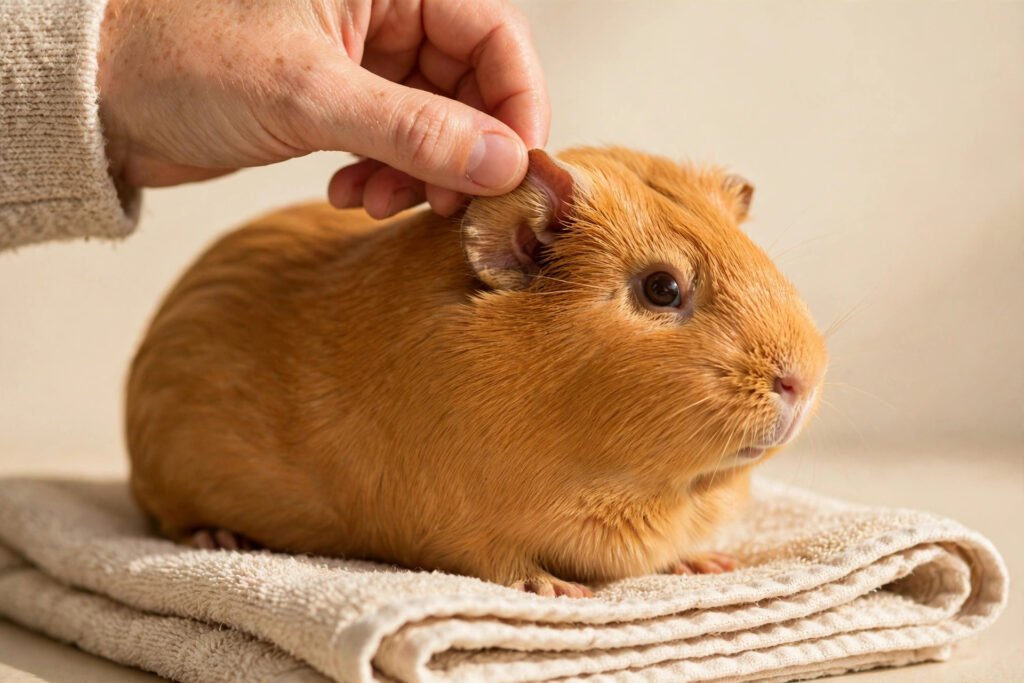 A person gently lifting the ear of a calm orange guinea pig to inspect it during a health check on a folded towel.