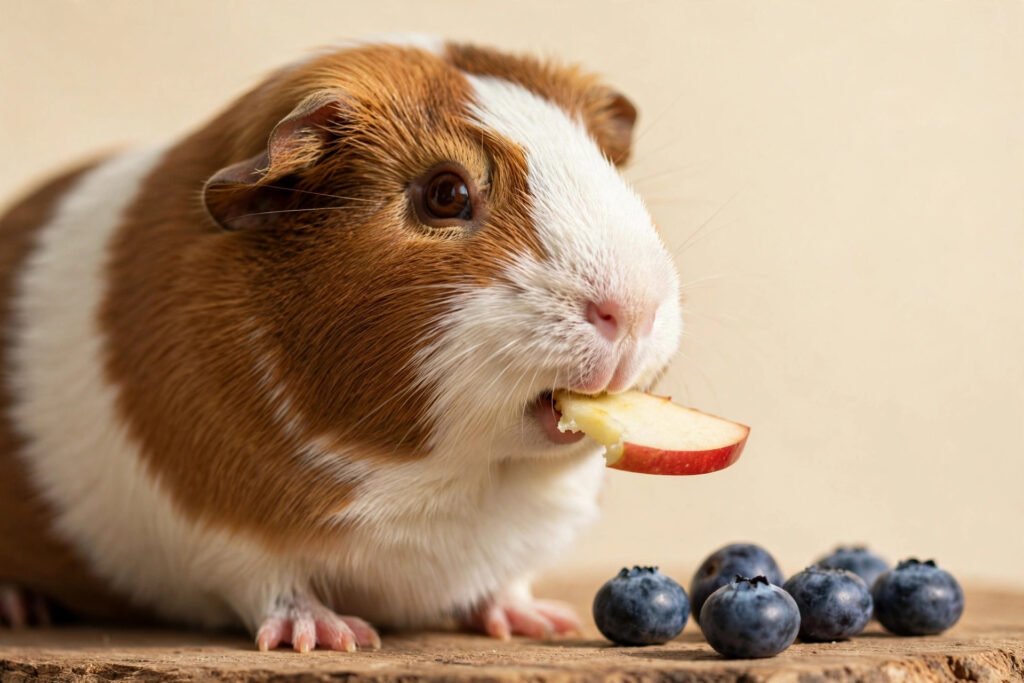 Safe fruits for guinea pigs: a brown and white guinea pig nibbling a thin red apple slice, with fresh blueberries beside it