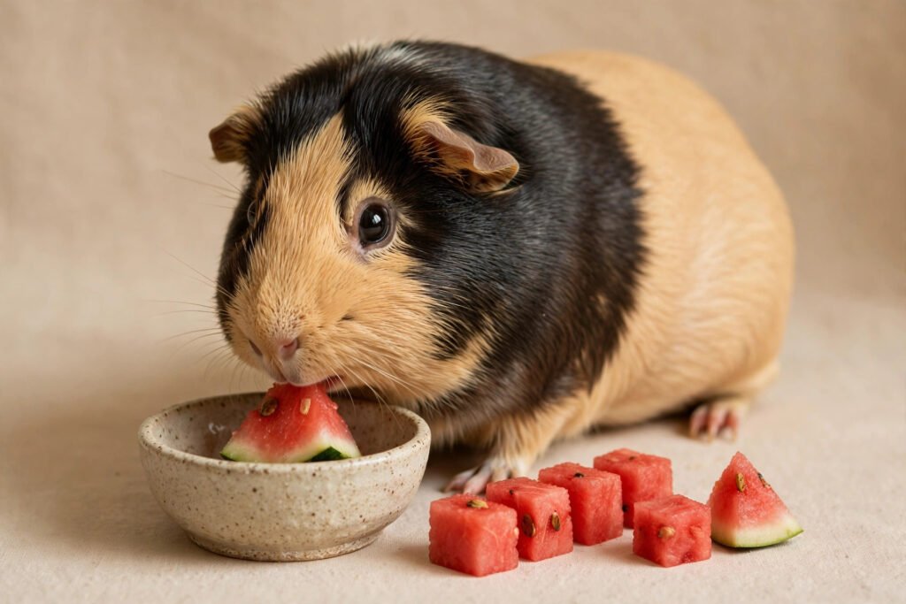 A black and tan guinea pig eating a wedge of fresh watermelon from a small ceramic bowl, with watermelon cubes arranged beside it.