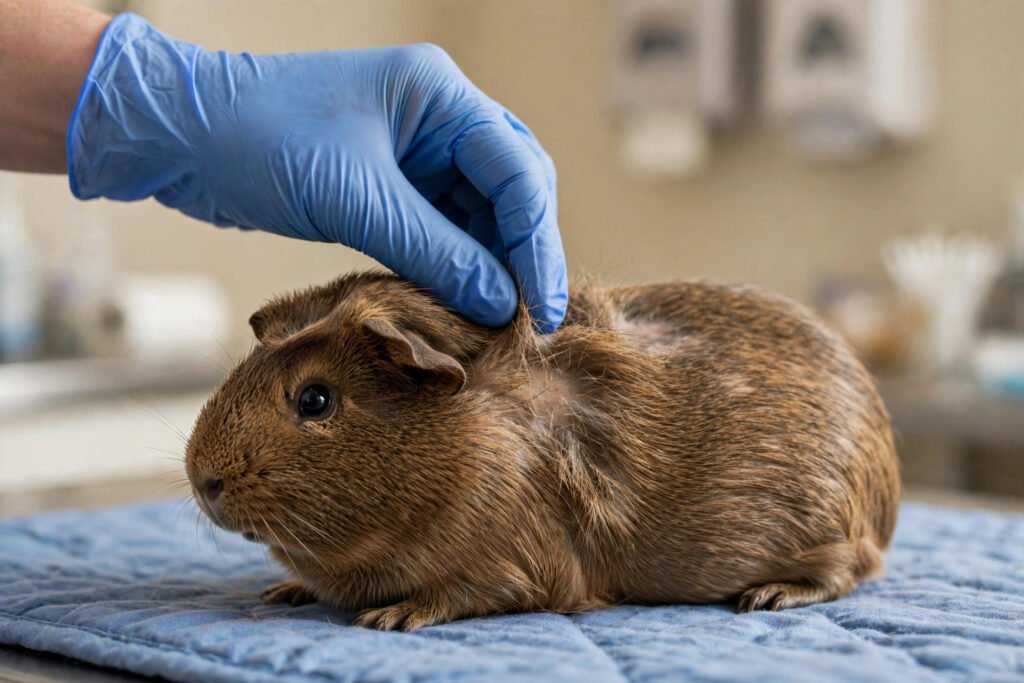 Why is my guinea pig losing hair? A gloved veterinary hand gently parting the slightly thinning coat of a calm brown guinea pig