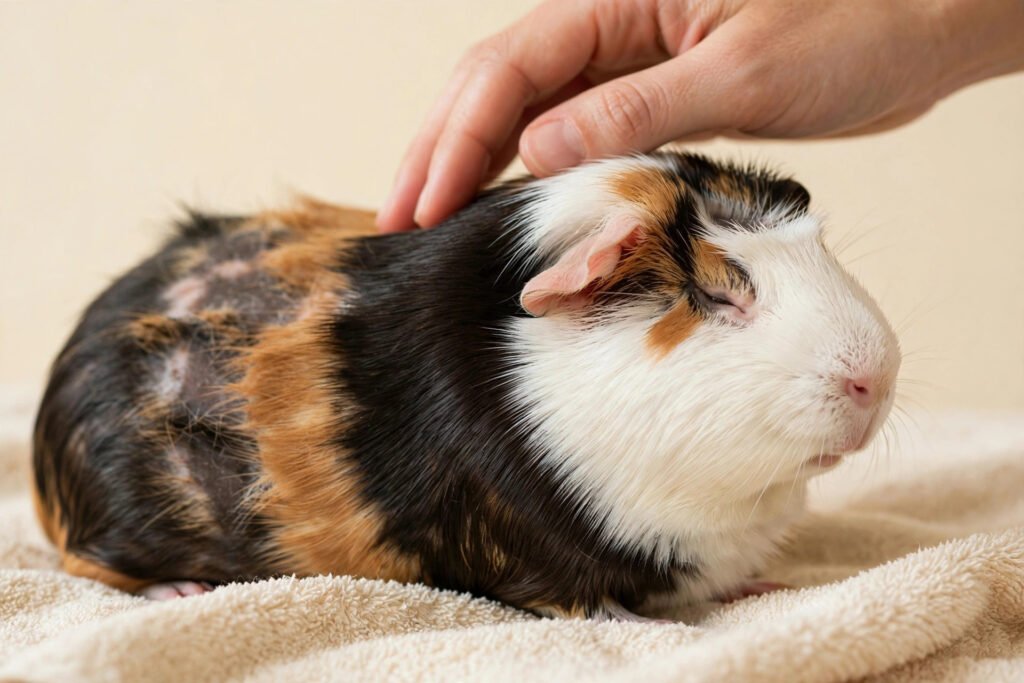 A calm tri-colour guinea pig with a slightly patchy thinning coat sitting on a soft towel while a hand gently strokes its back.